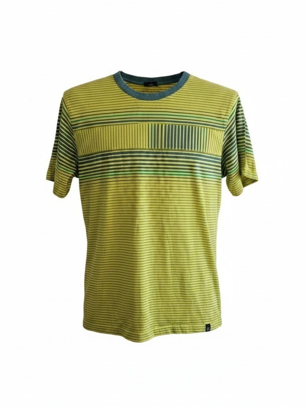prAna Men's Large Organic Cotton Striped T-Shirt Chartreuse Lime Teal Y2K Skate